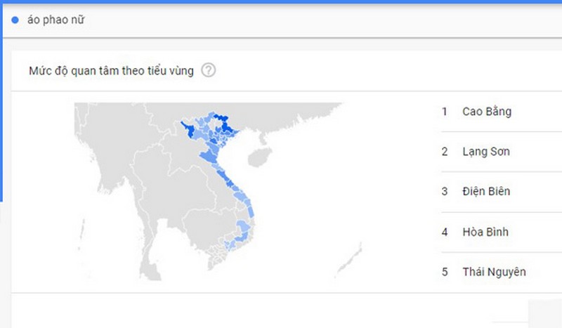 Google trends thể hiện các khu vực mà cụm từ tìm kiếm được nhiều người quan tâm